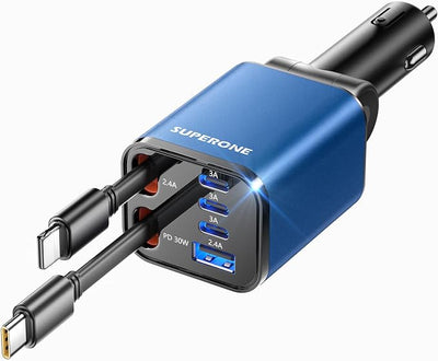 [Upgraded] 6 in 1 Retractable Car Charger, SUPERONE Smaller Fast Car Phone Charger 69W with Cord, USB C and iPhone Car Charger Adapter, Compatible iPhone 17/17 Pro Max/16/15/14/13, Sumsung