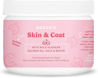 Bocce's Bakery Skin & Coat Supplement for Dogs, Daily Chews Made in The USA with Vitamin E & Essential Fatty Acids, Supports Healthy Skin & Coat, Salmon, 60 ct, Red (DG-SP-SKIN60)
