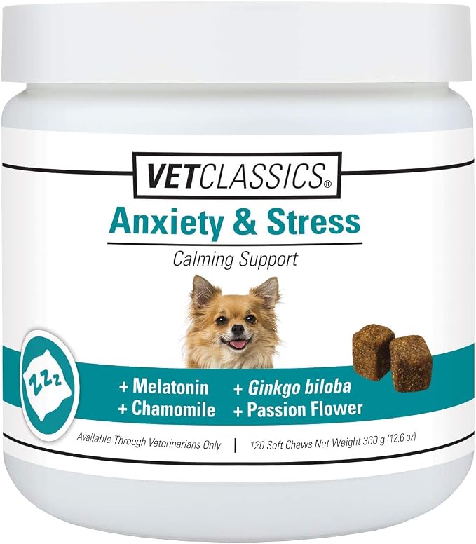 Vet Classics Anxiety & Stress Dog Supplement – Helps Reduce Dog Stress – Includes Botanicals for Calming Dog Behavior, Pet Nervousness – Melatonin, Chamomile, Ginkgo Biloba – Soft Chews 120 Ct.