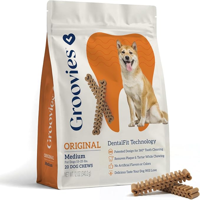 Groovies Dog Dental Treats, Flexible Yet Effective, Patented DentalFit Technology to Help Control Tartar & Freshen Breath, Medium Dog Chews (15-25 lbs), USA Manufactured Oral Care, 20 Count