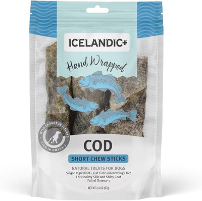 Icelandic+ Plus Cod Skin 5" Short Hand Wrapped Dog Chew Stick, 3-Pack, 2.0-oz Bag