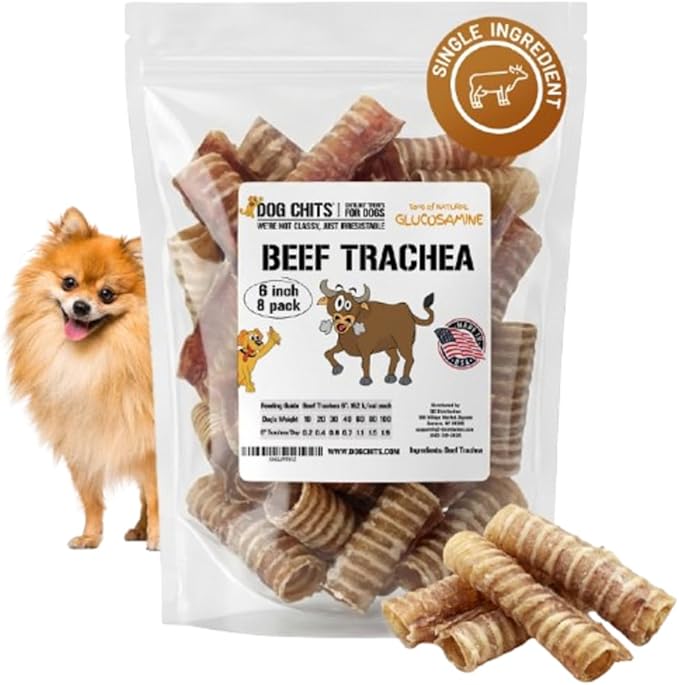 Dog Chits Beef Trachea Dog Chews - 100% Single Ingredient, High Protein, Low Fat - Glucosamine for Joint Support - Dental-Clean Crunch - Digestible Rawhide-Free, Natural Dog Chew Treats - 6inch, 8pack