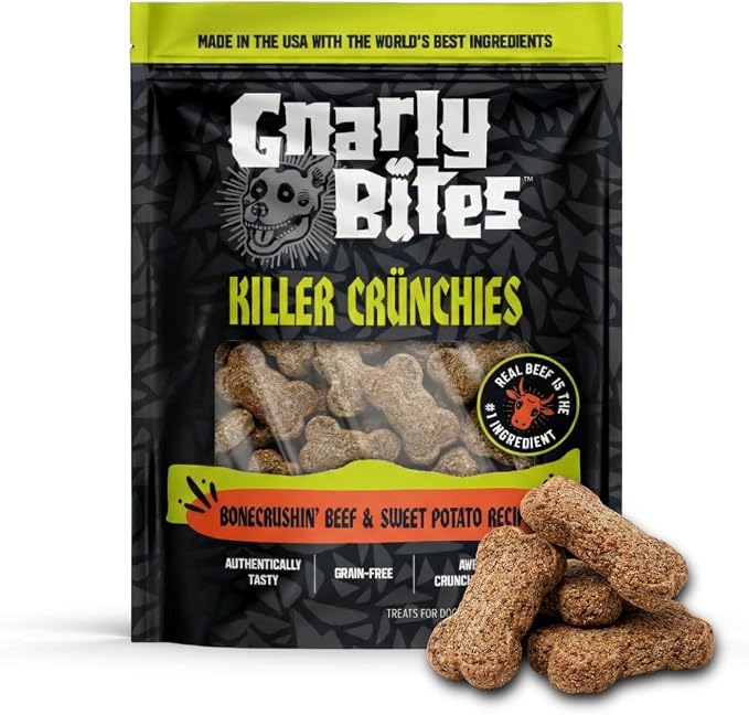 Killer Crunchies Dog Treats, Crunchy Healthy Snack for Puppies and Adult Dogs, Made with Real Beef, Sweet Potato Recipe, Grain Free, Natural Ingredients, 14 oz Bag