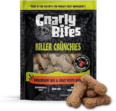 Killer Crunchies Dog Treats, Crunchy Healthy Snack for Puppies and Adult Dogs, Made with Real Beef, Sweet Potato Recipe, Grain Free, Natural Ingredients, 14 oz Bag