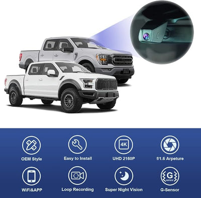 Fitcamx 4K Dash Cam Suitable for Ford F150 & F250 2021-2025 Limited XLT XL Raptor Lariat Platinum King Ranch Tremor, OEM Look, UHD 2160P Video, WiFi&APP, Loop Recording, G-Sensor, Plug&Play, 64GB Card