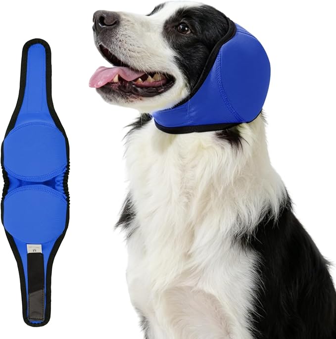 Dog Ear Covers for Bath,Shower,Elastic Dog Ear Muffs Noise Reduction Anxiety Relief,No Flap Ear Wrap Calming Hood for Grooming,Blow Dry,Thunder,Waterproof Ear Protection for Dogs(Blue,L)