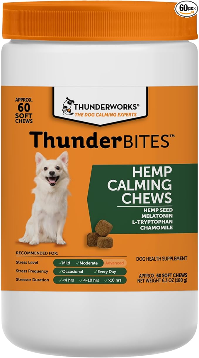 ThunderBites Hemp Calming Chews for Dogs, Everyday Use Can Help Relieve Stress from Separation, Storms, Fireworks & Travel (60 Count), Formerly ThunderWunders