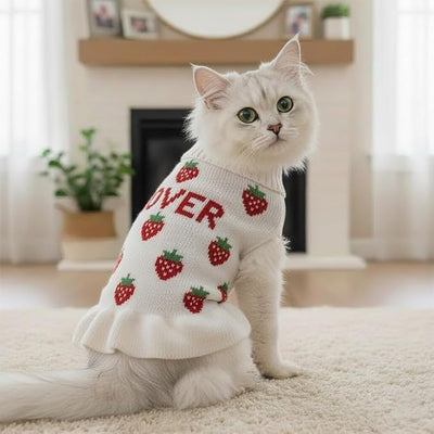 Personalized Dog Sweater Dress for Dogs and Cats, Custom Name Winter Strawberry Bowtie Knit Sweater for Girls, Soft Puppy Knitwear Clothes, Gifts Dog and Cat Lovers