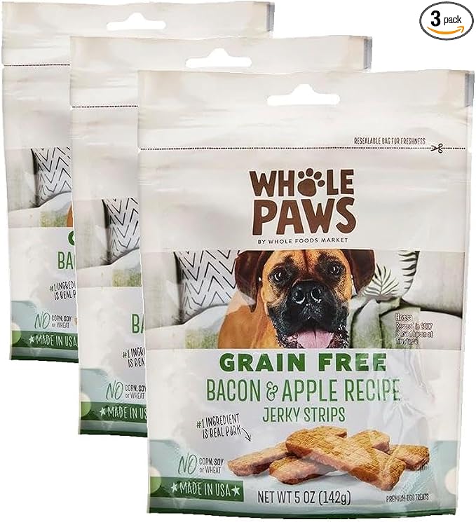 Whole Paws, Grain-Free Jerky Dog Treats, Bacon & Apple Recipe, 5 Ounce (Pack of 3)