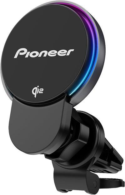 Pioneer Qi2 Wireless Car Charger and Magnetic Phone Holder Mount for Air Vent - MagSafe Compatible Car Phone Charger for iPhone and Android with Cooling Fan, RBG Illumination, Includes Metal Ring
