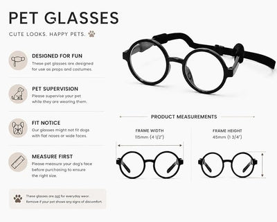 G002 Dog Pet Clear Lens Costume Glasses Small to Medium Breeds 12LBS~30LBS Prop Photoshoot Sunglasses (Round Black-Clear)