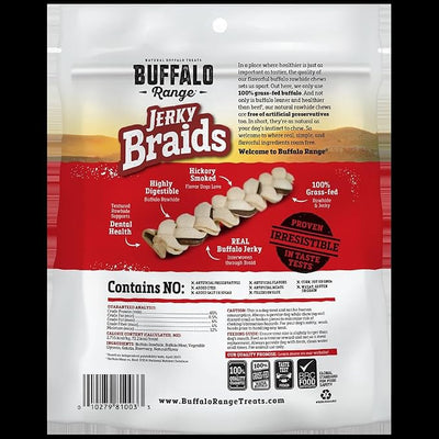 Buffalo Range Rawhide Dog Treats - Healthy, Grass-Fed Buffalo Jerky Raw Hide Chews - Hickory Smoked Flavor - Jerky Braids, 10 Count