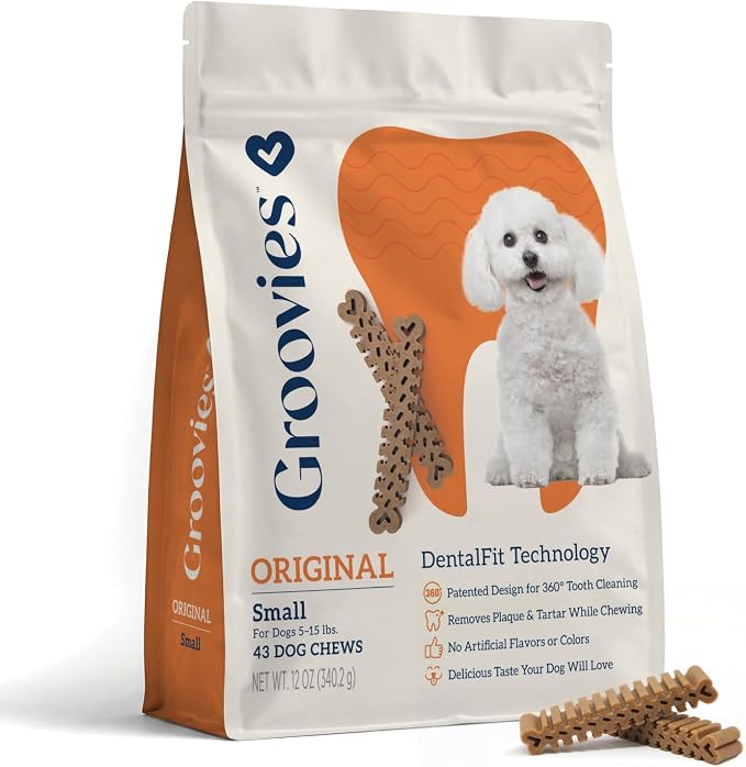 Groovies Dog Dental Treats, Flexible Yet Effective, Patented DentalFit Technology to Help Control Tartar & Freshen Breath, Small Dog Chews (5-15 lbs), USA Manufactured Oral Care, 43 Count
