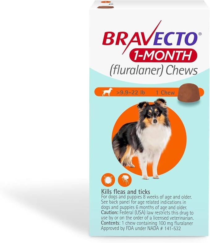 BRAVECTO 1-Month Chews for Puppies, >9.9-22 lbs., 1 Chew, Orange Box | Flea Treatment, Flea Prevention, Tick Treatment, Tick Control, 1 Chew, 1 Month Supply, Dogs, Puppies