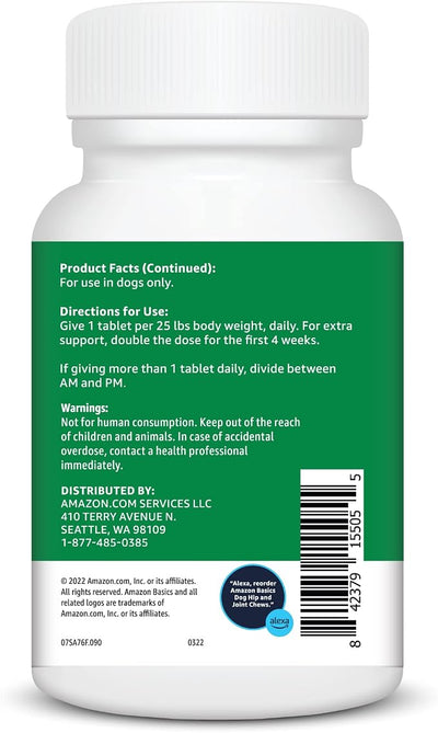 Amazon Basics Dog Hip & Joint Daily Chewable Tablets, with Glucosamine, MSM, and Chondroitin, Duck Flavored, 90 Count (Previously Solimo)