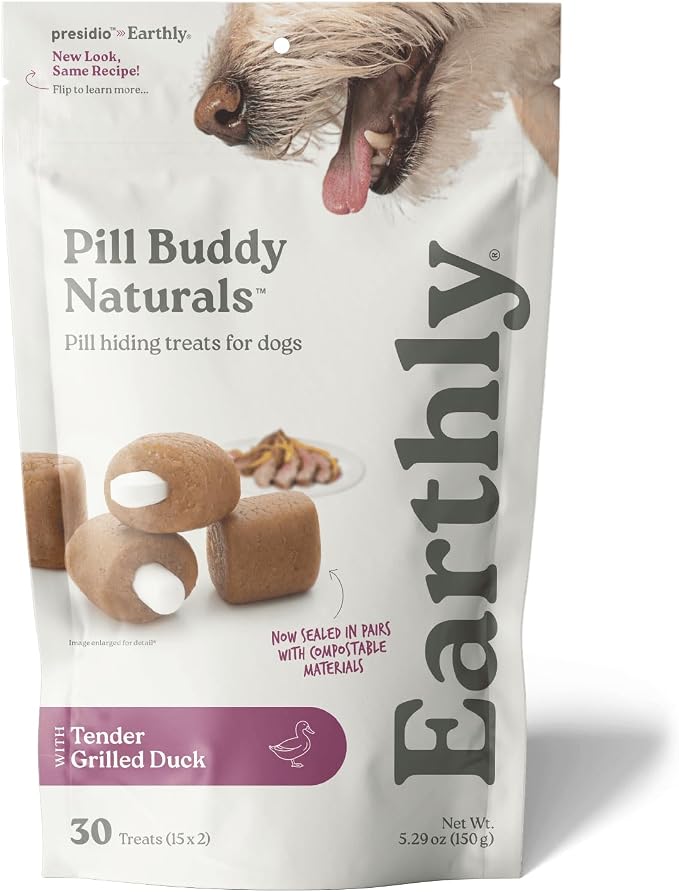 Presidio Earthly Pill Buddy Naturals - Duck (Chicken-Free) Pill Hiding Treats for Dogs - Pill Pocket for Any Size Medication - 30 Servings