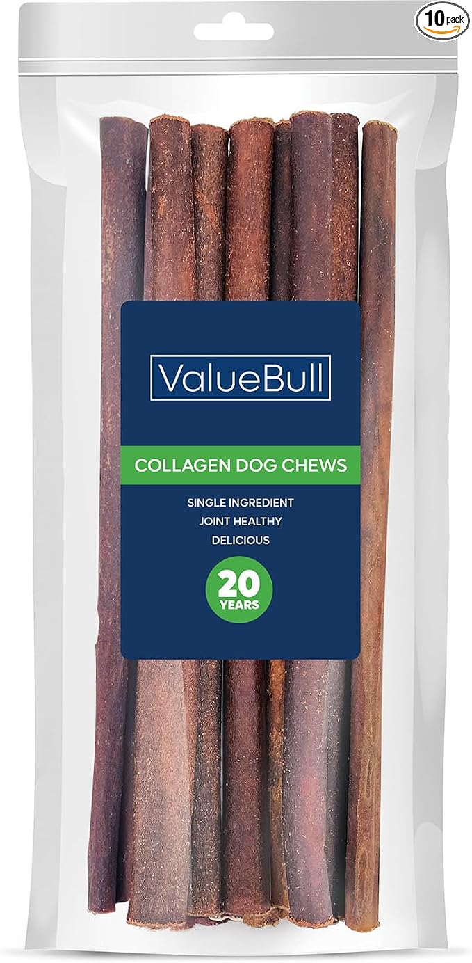 ValueBull Collagen Sticks for Dogs, 12 Inch Medium Chews, Natural Long-Lasting Dog Treats, 10 Count - Supports Joints, Skin & Coat with Chondroitin & Glucosamine