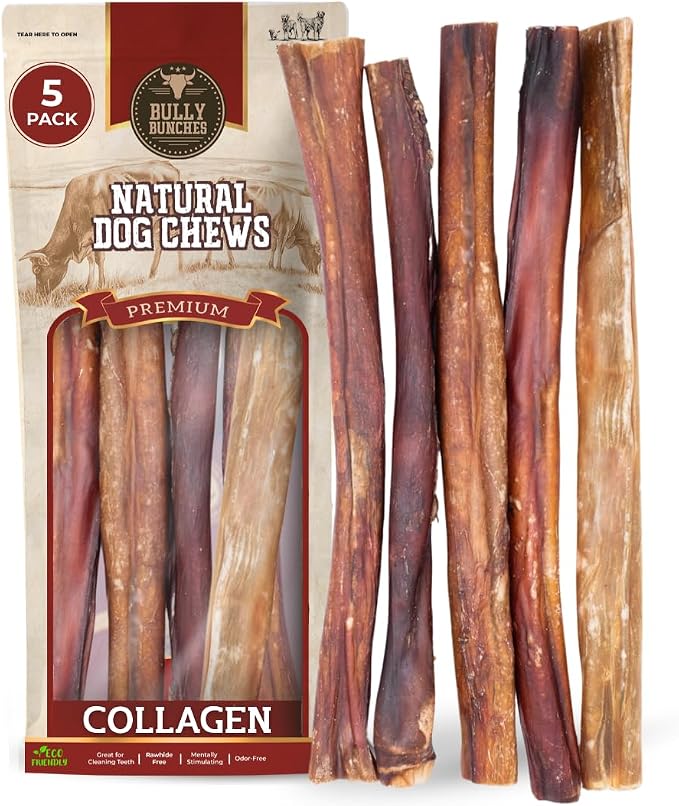 Bully Bunches 12 Inch Collagen Wrapped in Beef Bully Stick | Consistently Sized, All-Natural, Long Lasting Dog Chew | Dental Stick for Avid Chewers (12 Inch, 5 Pack)