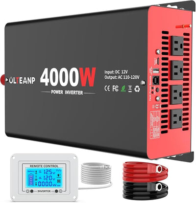 OLTEANP 4000 Watt Power Inverter 12V DC to 110V AC Car Inverter with 4 AC Outlets, 30W Type-C Port, 3.1A USB Port, Remote Controller on LCD Screen, Peak 8000W Car Converter for Truck,Vehicles,Trip