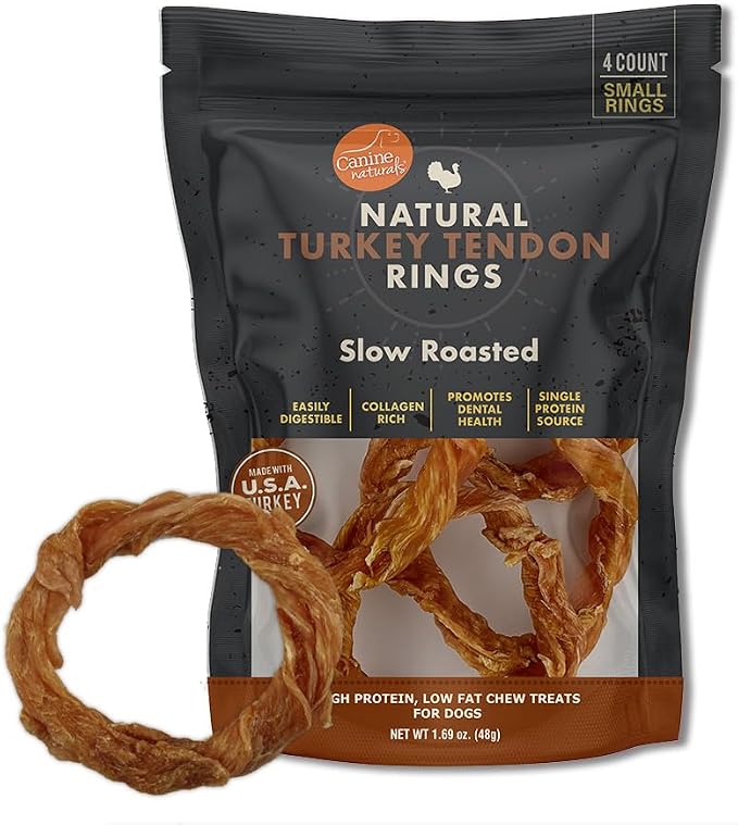 Canine Naturals Turkey Tendon Rings for Dogs - Rawhide-Free, Natural Dog Chews - USA-Sourced, Slow-Roasted, Single Protein for Sensitive Stomachs & Chicken Allergies -, 4 Count