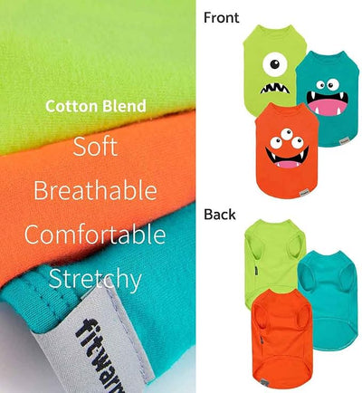 Fitwarm 3 Pack Monster Dog Shirt, Lightweight Funny Dog Tshirt, Summer Clothes for Small Dogs Boy Girl, Pet Outfit, Orange, Green, Teal, Medium