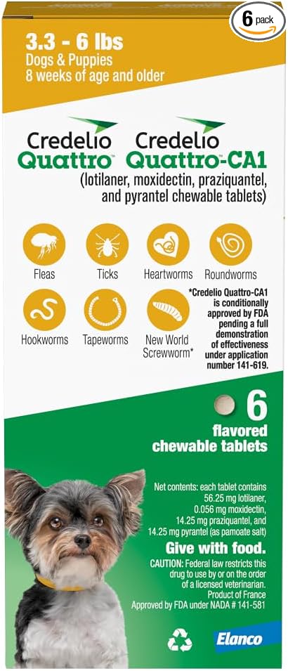 Credelio Quattro / Credelio Quattro-CA1 Dog Flea & Tick Treatment + Heartworm & Parasite Coverage, 3.3-6 lbs (6 Chewable Tablets)