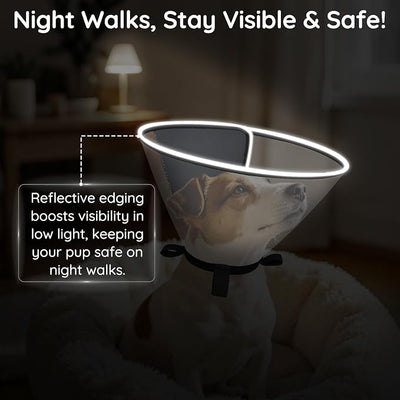 Clear Dog Cone for Small Dogs After Surgery, Adjustable E-Collar to Stop Licking with Padded Neck for Chihuahua,etc, Soft Recovery Collar with Reflective Trim for Night Visibility, Black XXS