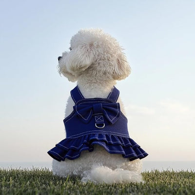 1 Pcs Cute Dog Dress Puppy Clothes with Bownot for Female Girl Small Dogs Outfits Harness for Outdoor Walking Birthday Party Denim Skirt XS