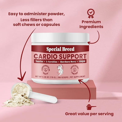 Taurine Supplement for Dogs – Heart Health & Circulation Support – Powder Formula with L-Carnitine, CoQ10 & Organic Hawthorn Berry – 240ct