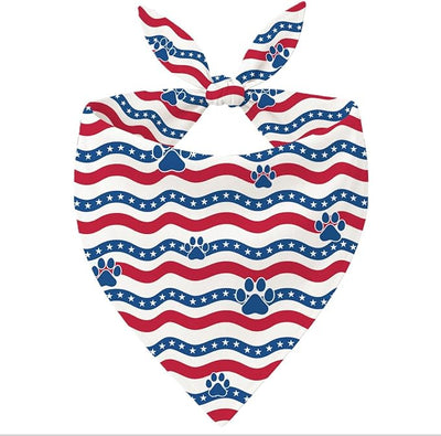 4th of July Dog Bandana, Patriotic Paw Print Pet Triangle Scarf for Independence Day Party Outfit, American Flag Wavy Stripe Neckerchief for Small Medium Dogs, Puppy Gift