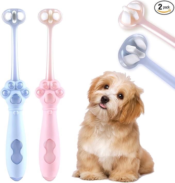 2-Pack 3-Sided Dog Toothbrush, Puppy Toothbrushes with Unique Bristle Technology, Oral Care for Pets, for Medium and Small Dogs