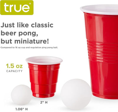 True Mini Beer Pong Game, 1.5 Ounce Disposable Red Party Cup Plastic Shot Glasses, Red, Set of 12 Cups and 2 Mini Ping Pong Balls