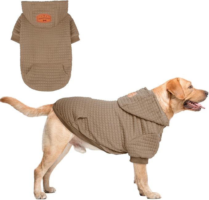 BEAUTYZOO Small Dog Hoodie Sweater with Pockets, Dog Clothes for Small Medium Dogs Boy Girl, Waffle-Like Laminated Cotton Pet Coats with Hat and Leash Hole, Khaki ML