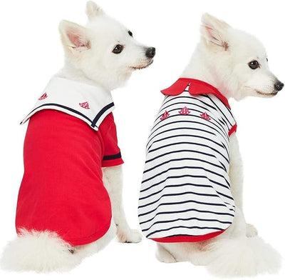 Blueberry Pet Soft & Comfy Summer Vacation Beach Cotton Dog T-Shirts, Cerise Red, 2 Pack, Sailor Suit Shirts Tank Top Clothes, Back Length 20"