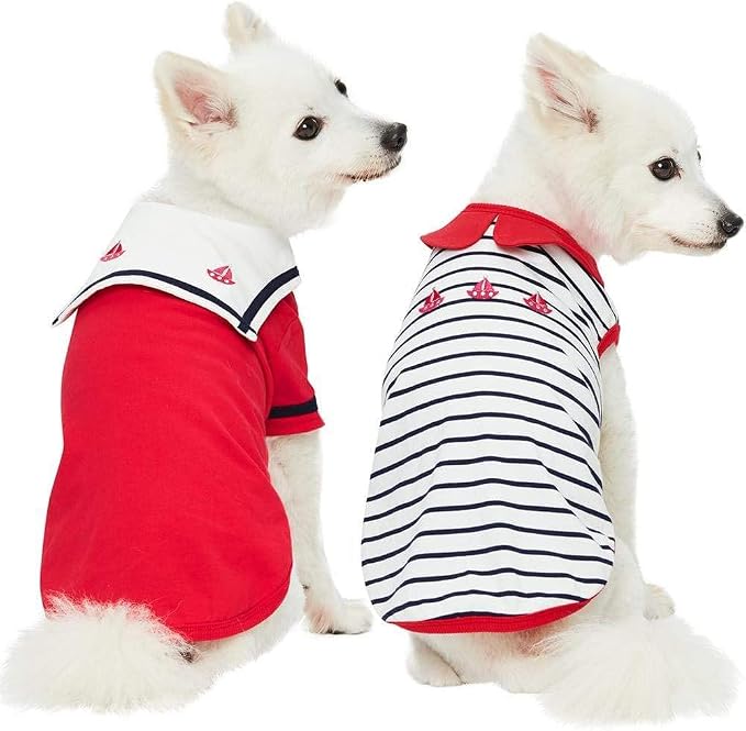 Blueberry Pet Soft & Comfy Summer Vacation Beach Cotton Dog T-Shirts, Cerise Red, 2 Pack, Sailor Suit Shirts Tank Top Clothes, Back Length 16", for Medium Large Dogs