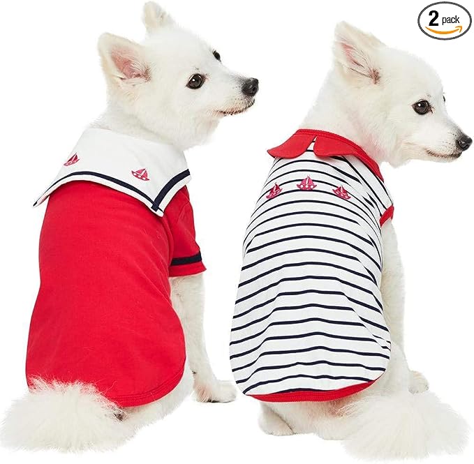 Blueberry Pet Soft & Comfy Summer Vacation Beach Cotton Dog T-Shirts, Cerise Red, 2 Pack, Sailor Suit Shirts Tank Top Clothes, Back Length 14", for Small Medium Dogs