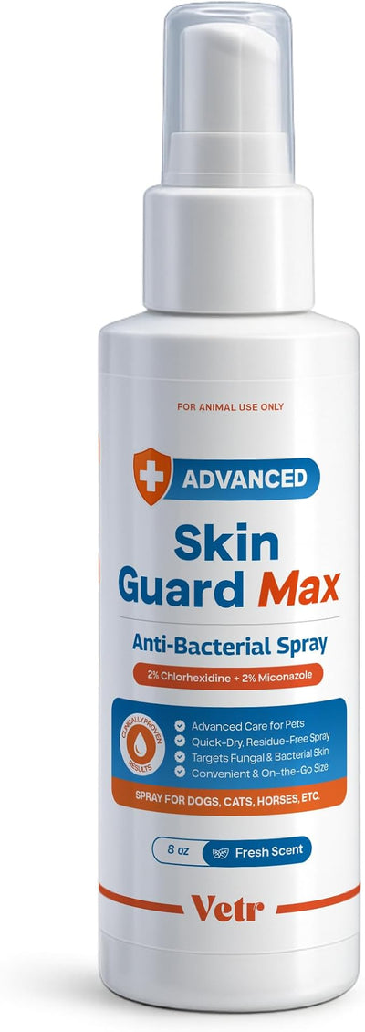 vetr Skin Guard Max Chlorhexidine Miconazole Spray, Dogs Cats Horses, 8oz | One 8 oz bottle / Dual-action 2% / 2% formula; Soothes dry, irritated skin; Cleanses skin & coat