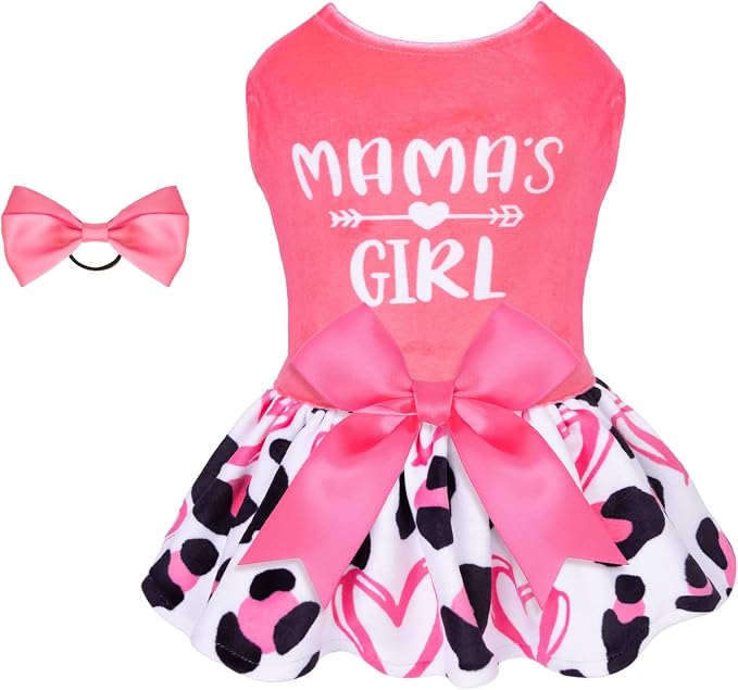 CuteBone Dog Dresses Velvet Mama's Girl Small Dogs Clothes Onesie Pet Apparel Girl Puppy Skirt with Bow Hair Rope