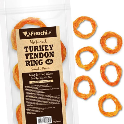 A Freschi srl Turkey Tendons for Dogs, USA-Sourced Human Grade, Rawhide-Free Long-Lasting Puppy Chews, All Natural Hypoallergenic Dog Treats for Small Breeds, 6 Count Pack Ring (S)