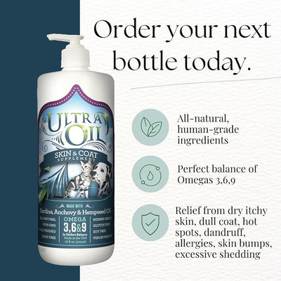 Ultra Oil Skin and Coat Supplement for Dogs and Cats with Hemp Seed Oil, Flaxseed Oil, Grape Seed Oil, Fish Oil for Relief from Dry Itchy Skin, Dull Coat, Hot Spots, Dandruff, and Allergies 128 Ounce