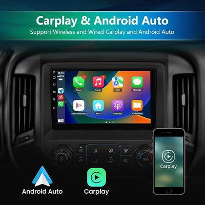 Junsun 4Core Car Radio Stereo for Chevy Silverado GMC Sierra 2014 2015 2016 2017 2018 with 10 inch Touchscreen Wireless Carplay Android Auto FM WiFi Bluetooth SWC