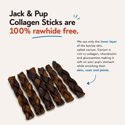 Jack&Pup 12" Braided Beef Collagen Sticks for Dogs - Rawhide Free Dog Chews Long Lasting Collagen Chews for Dogs - Bully Sticks Alternative (8 Pack)