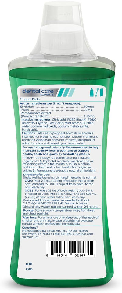 Virbac C.E.T. AQUADENT® FR3SH® Dental Solution for Dogs & Cats - Supports Dental Health & Fresher Breath - VOHC Approved for Dogs (500 ml)