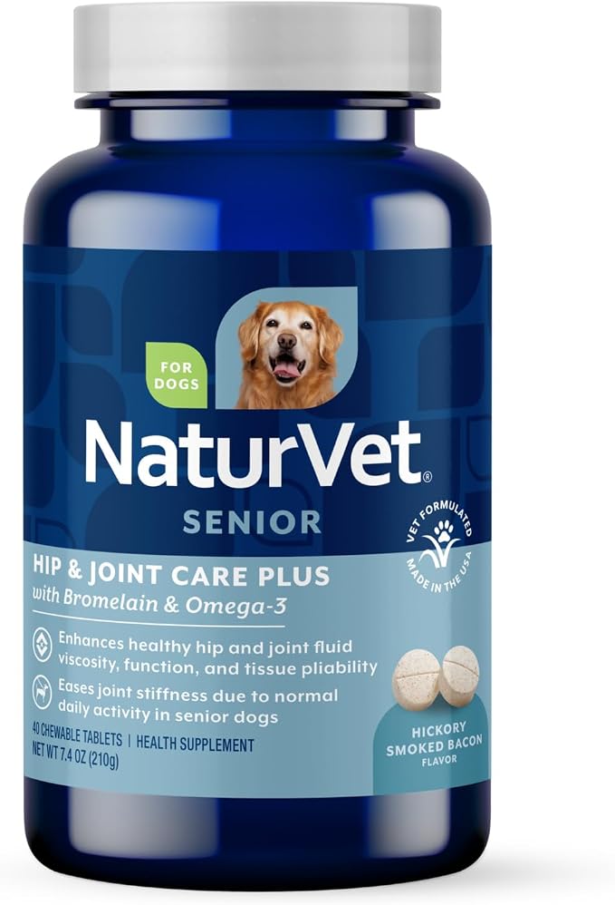 NaturVet Senior Wellness Hip and Joint Plus Omegas Advanced Supplement for Dogs, Chewable Tablets Time Release, Made in the USA, 40 Count