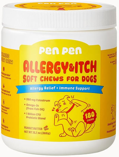 PENPEN Dog Allergy Chews - Anti-Itch & Itchy Skin Support for Dogs, Probiotics & Omega 3 (Fish Oil) for Immune & Gut Health - Peanut Butter Flavor - 180 Soft Chews