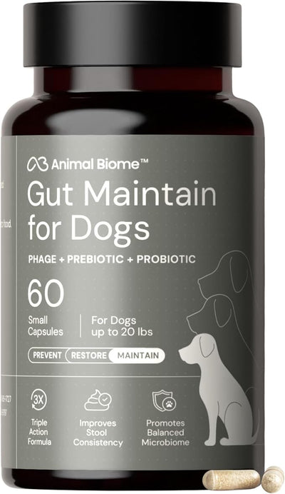 Animal Biome Probiotics for Dogs with S Boulardii, Gut Maintain (60 Capsules) – Triple-Action Small Dog Probiotics, Prebiotics & Phage Supplements for Gut Health, Firmer Stool & Diarrhea Support