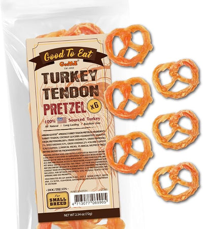 Gootoe Turkey Tendons for Dogs – All-Natural, Hypoallergenic Dog Treats, Rawhide Alternative, Long Lasting Puppy Chews, Healthy Dog Treats for Small Breeds, Pretzel (S), 6 Count Pack