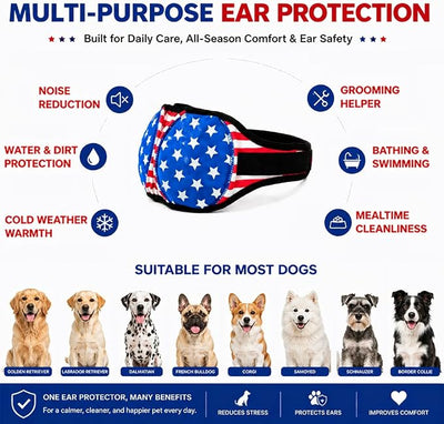 Dog Ear Muffs Noise Protection American Flag Patriotic Pet Covers Waterproof Swim Ear Protector Elastic Soft Snoods for Dogs Anxiety Relief Grooming for 4th of July (M)