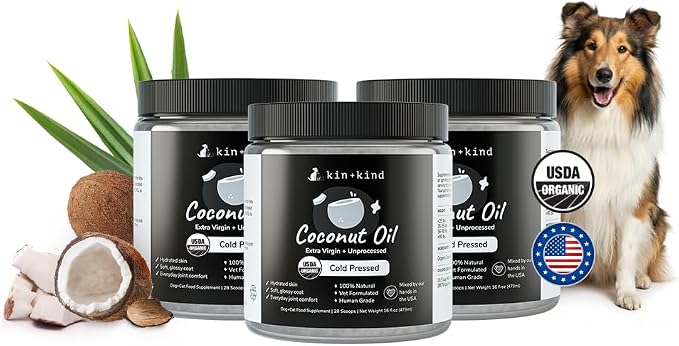 kin+kind Organic Coconut Oil Pet Supplement for Dogs and Cats - Natural Skin and Coat Support with Cold Pressed Extra Virgin Coconut Oil - Made in USA - Bundle (3 x 16 fl oz