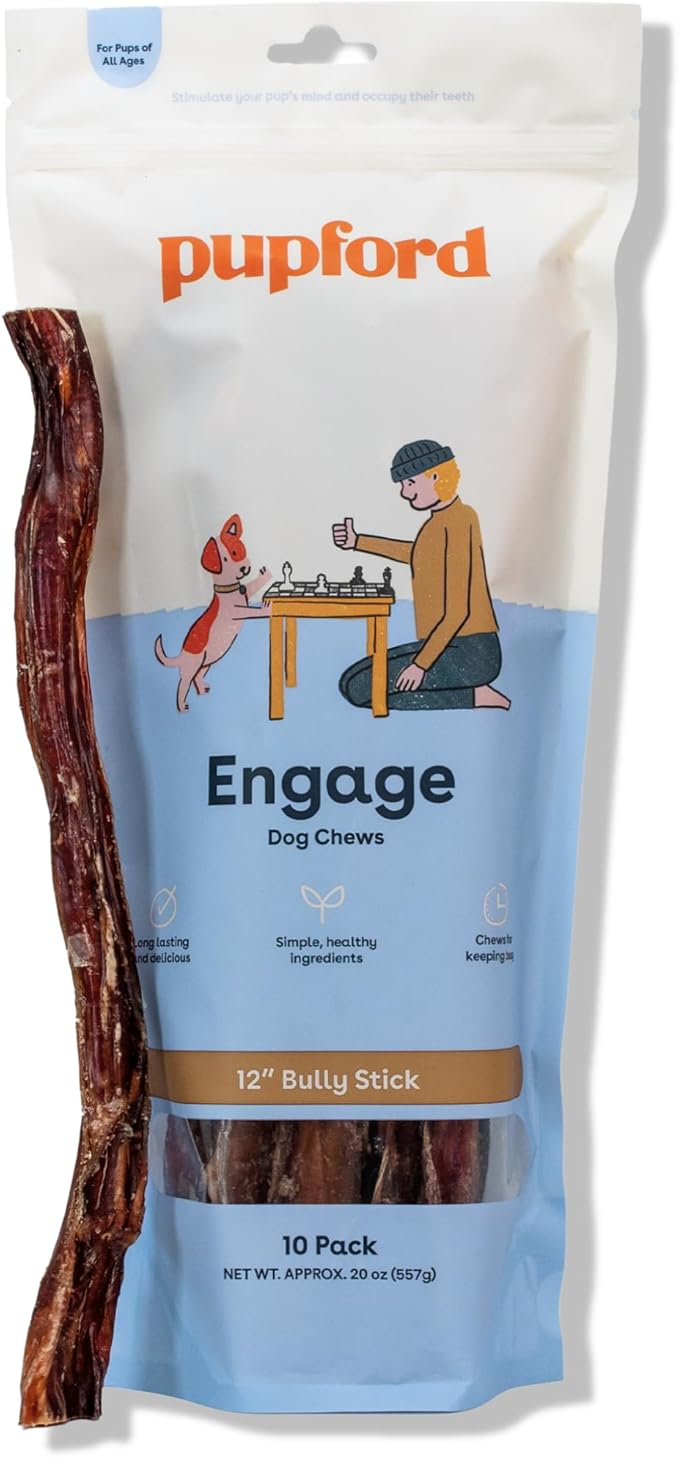 Pupford Thick Bully Sticks for Dogs & Puppies, Smoked for Improved Smell, Natural, Long-Lasting, Single Ingredient Chews for Medium & Large Breeds (12", 10 Count)
